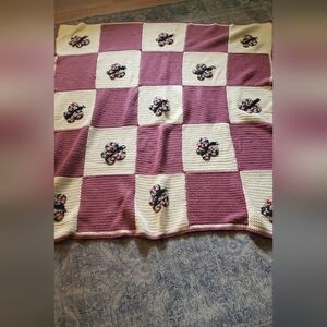 Elegant Burgundy and Cream Knitted Blanket With Butterflys Handmade Crochet
